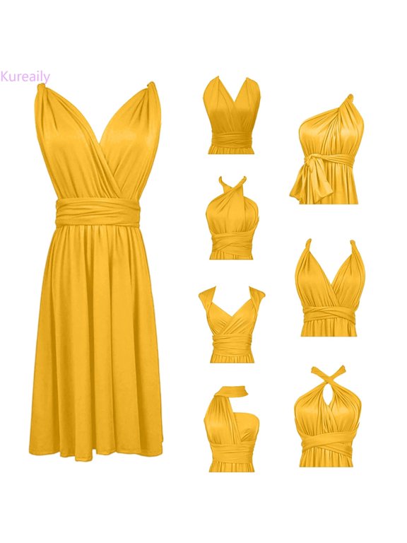 Girls Convertible Multi Way Wrap Dress V-Neck Tie Back Knee Length Dress (Yellow)