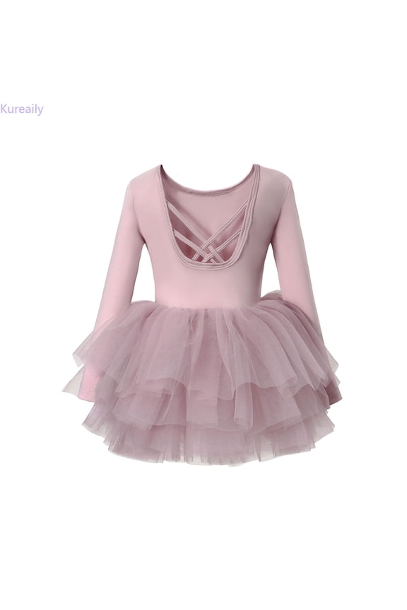 Girls Dance Dress Long Sleeve Ballet Tutu For Practice And Performance Elegant Leotard Outfit With Skirt For Ballet Class Recital Party 5-6 Years