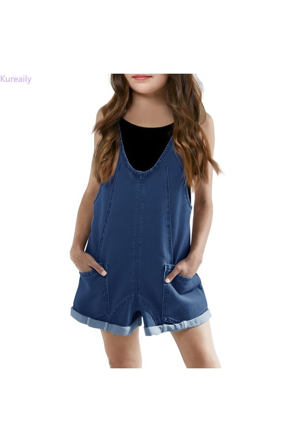 Girls Denim Overall Shorts Kids Summer Adjustable Straps Jumpsuits Jeans Shortalls 6-7 Years