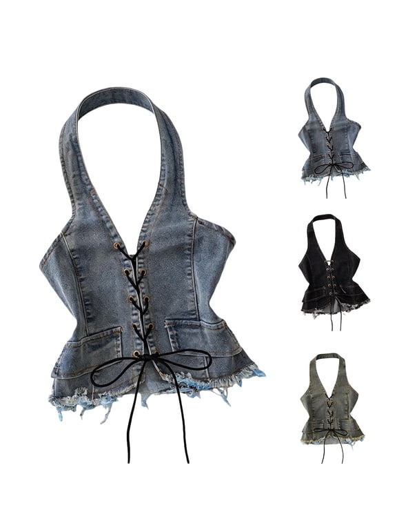 Girls Denim Top Summer Knot Front Backless Vest Crop Tee Tween Youth Style ,kids denim halter tie waist vestSize 12-13 Years ,Black