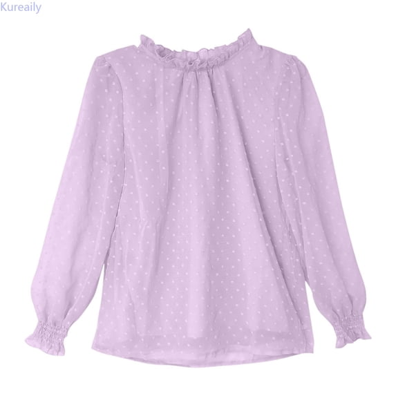 Kureaily Girls Flocked Mesh Ruffle Blouse Long Sleeve Shirt With Elastic Elegant Stand Collar Tops For Toddler Kids Teenage Party Dress 12-13 Years