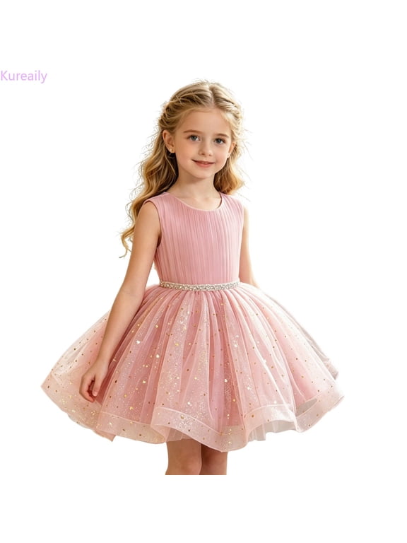 Girls Glitter Tulle Flower Girl Dress Rhinestone Waist Sleeveless Party Dress (Pink)