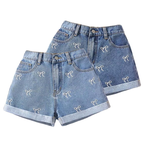 Kureaily Girls High Waist Allover Bow Embroidery Denim Shorts, Classic Casual Kids Jean Shorts for Summer ,Size 9-10 Years ,Blue