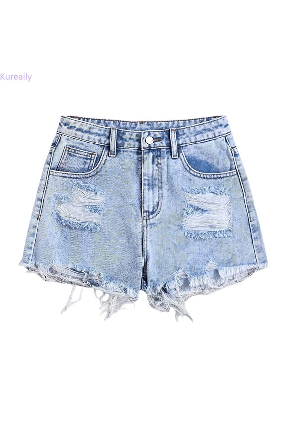 Girls High Waist Ripped Denim Shorts, Frayed Raw Hem Cut Off Jean Shorts Casual Summer Outfit ,Size 13-14 Years ,Blue