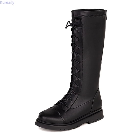 Kureaily Girls Lace Up Riding Boots Mid Calf Boots PU Leather Side Zipper Punk Boot 3 14 Years 4-4.5 Years