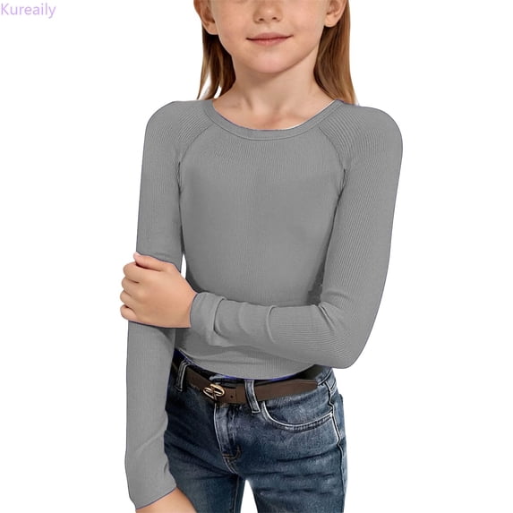 Kureaily Girls Long Sleeve Ribbed Raglan Tee Stretchy Casual Basic Fit Crew Neck Shirt For Kids Youth/ 13-14 Years/ Big Kid (Gray)