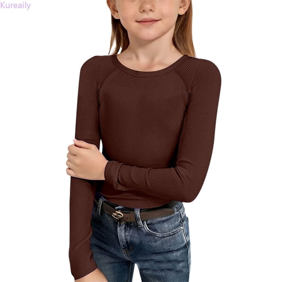 Kureaily Girls Long Sleeve Ribbed Raglan Tee Stretchy Casual Basic Fit Crew Neck Shirt For Kids Youth/ 9-10 Years/ Big Kid (Brown)