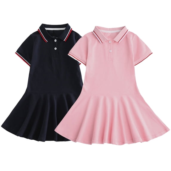 Kureaily Girls Polo Dress Short Sleeve Collared Stripe Button Placket Pleated Skirt Toddler Uniform Dress (Navy)
