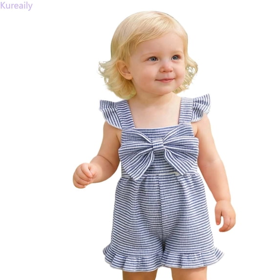 Kureaily Girls Romper With Bow And Flutter Sleeves Striped Jumpsuit For Toddler And Baby/ 12-18 Months/ Toddler (Blue)