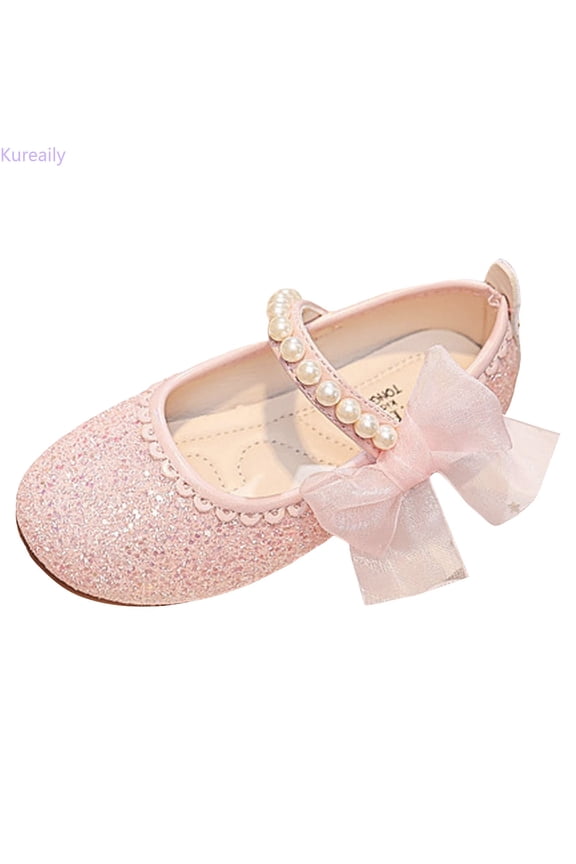 Girls Sandals Pattern Cute And Versatile Pearl Bow Decoration Flat Bottom Hook Loop Comfortable Shoes/ Size 11,5.5-6 Years(Red)