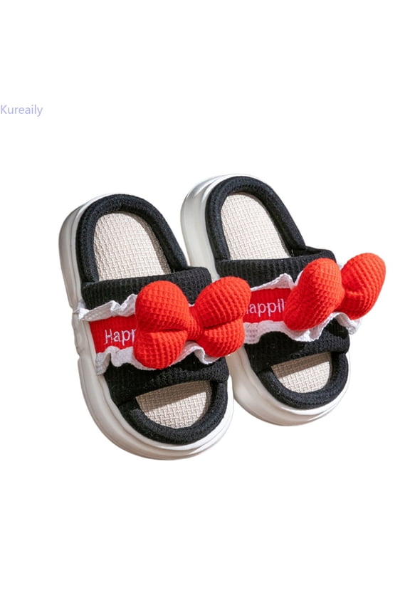 Girls Slippers For Kids Cute Cartoon Bow Design Breathable Linen Slippers Indoor Comfortable Soft Sole Toddler Girls Boys Home Footwear 2-2.5 Years