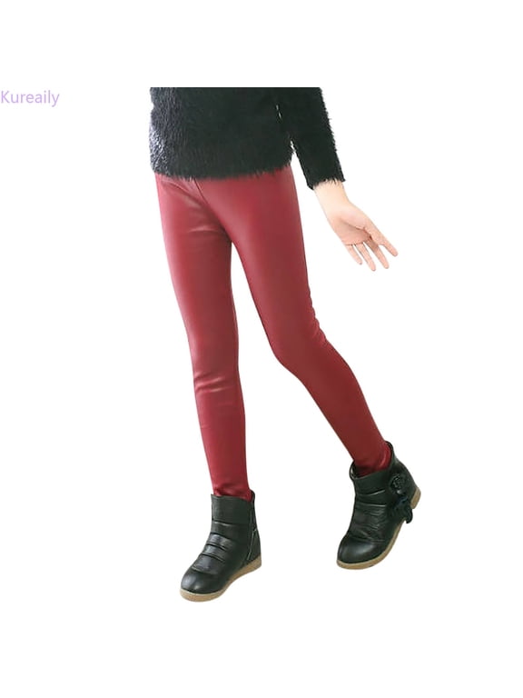 Girls Solid Stretchy Leather Legging Teens Pants Dance Pants Running Active Tights For Kids Youth Teen/ 5-6 Years/ Little Kid (Red)