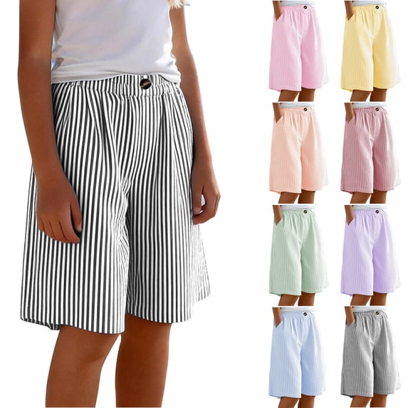 Kureaily Girls Summer Casual Striped Elastic Waist Shorts With Pockets Playwear ,Striped Casual ShortsSize 9-10 Years ,Pink