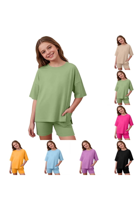 Girls' Summer Casual Two Piece Loose Side Opening Shirt And Cycling Shorts Suitable For 5 13 Years Casual Summer Sets,Little Kid ,Size 5-6 Years/(Pink)