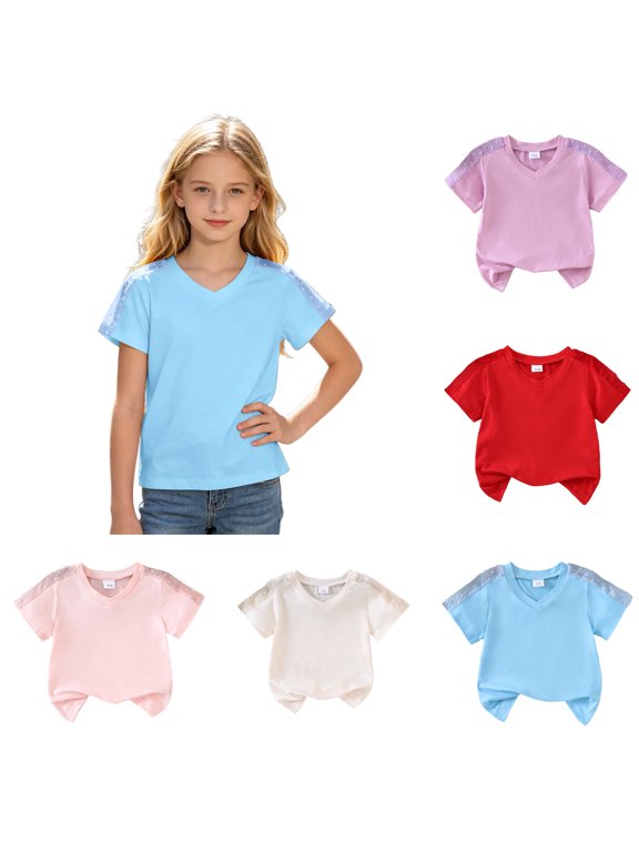 Girls Summer Solid Color Heart Neck Short Sleeve Chiffon Cutout Stitching Blouse For Casual Wear ,Kids short sleeve shirtSize 8-9 Years ,White