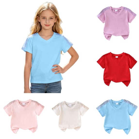 Kureaily Girls Summer Solid Color Heart Neck Short Sleeve Chiffon Cutout Stitching Blouse For Casual Wear ,Kids short sleeve shirtSize 9-10 Years ,White
