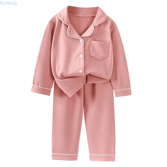 Kureaily Girls Thermal Pajama Soft Double Velvet Long Sleeve Two Piece Outfit Cozy Winter Homewear For Toddlers And Kids With Lapel Collar 5-6 Years