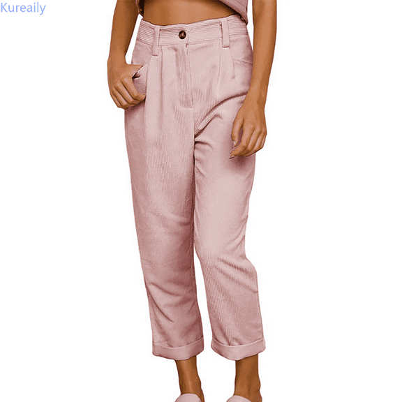 Kureaily High Waist Casual Pants European And Solid Color Corduroy Loose Straight Pants Work Casual Pants