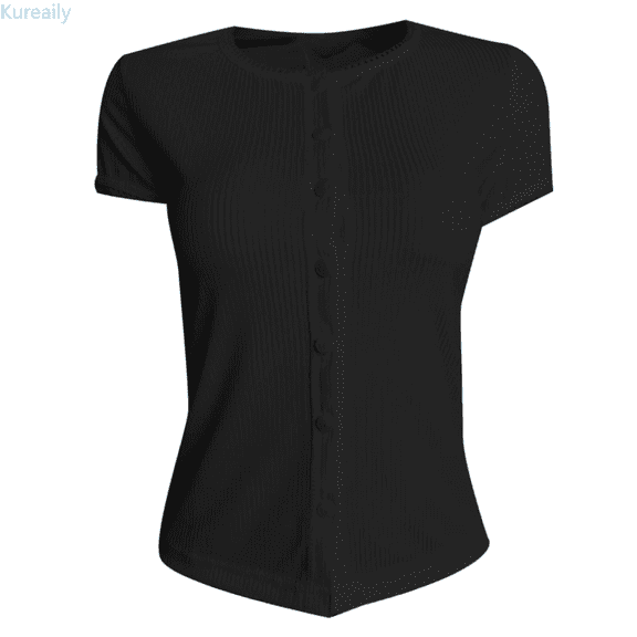 Kureaily Hot Girl Button Short Sleeve Threaded Cardigan Top Solid Color T Shirt Solid Color T shirt