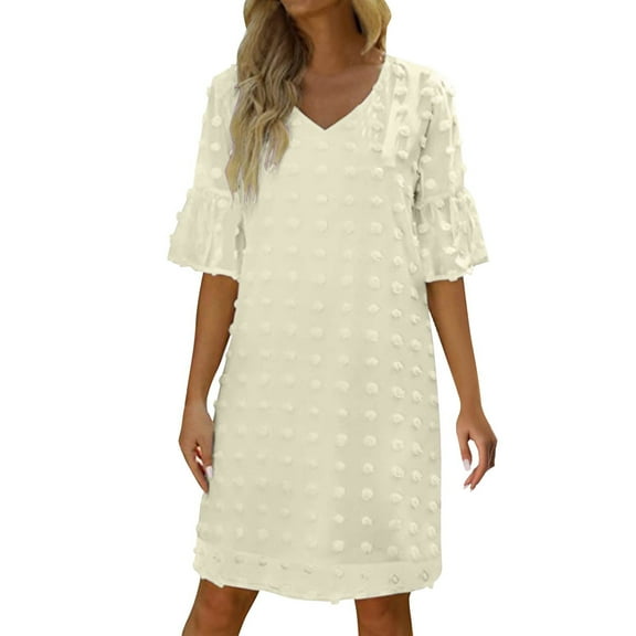 Kureaily Hot Women's Summer Short Sleeve V Neck Mini Dress Chiffon Polka Dot Flowy Short Dress