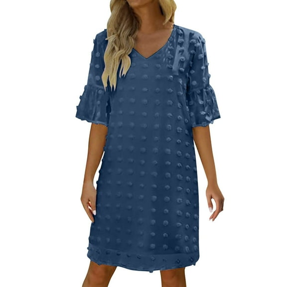Kureaily Hot Women's Summer Short Sleeve V Neck Mini Dress Chiffon Polka Dot Flowy Short Dress