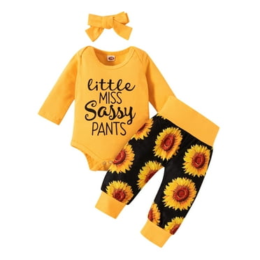 Kureaily Baby Girls Letter Romper Tops+ Sunflower Floral Pants Headband Outfits Clothes 3PCS Set 0-3 Months