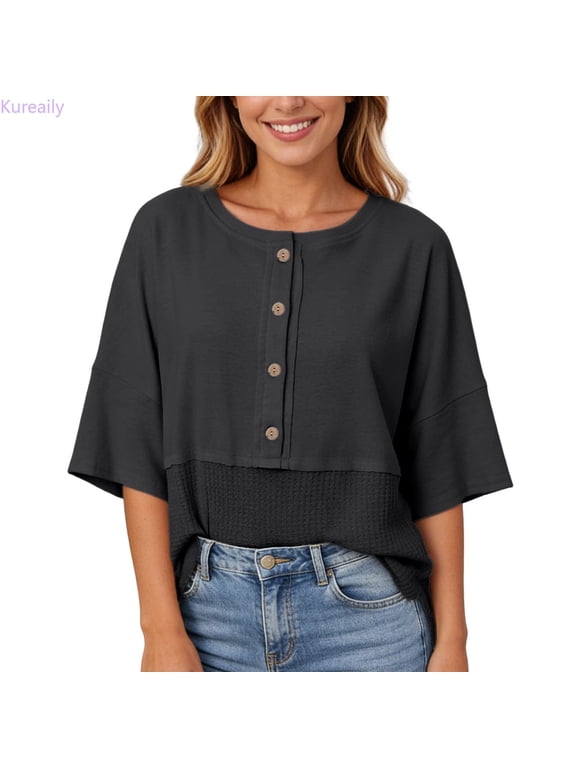 Knit 3/4 Sleeve Casual Button Down Shirts Crew Neck Oversized Patchwork Blouses Solid Color T shirt, Size Small