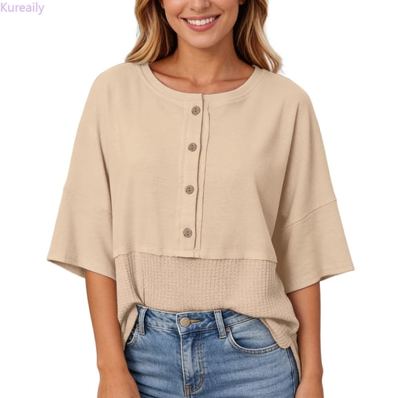 Kureaily Knit 3/4 Sleeve Casual Button Down Shirts Crew Neck Oversized Patchwork Blouses Solid Color T shirt, Size XX-Large