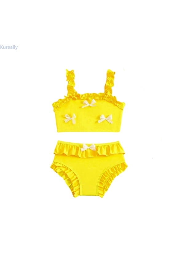 Korean Style Girls Swimwear Cute Bow Ruffle Strap Sunsuit For Baby Toddler And Kids Beach Pool Party 4-5 Years