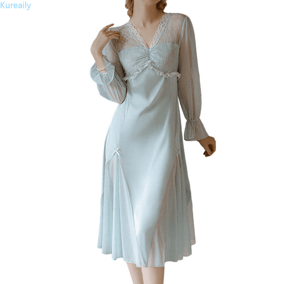 Kureaily Ladies Can Wear Long Casual Nightgown Home Wear With Net Lace And Breast Pads Casual Sleepwear