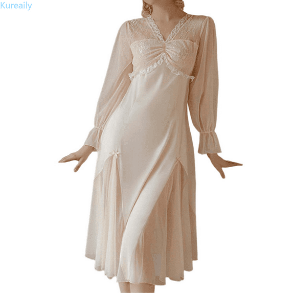 Kureaily Ladies Can Wear Long Casual Nightgown Home Wear With Net Lace And Breast Pads Nightshirt Soft Pajamas