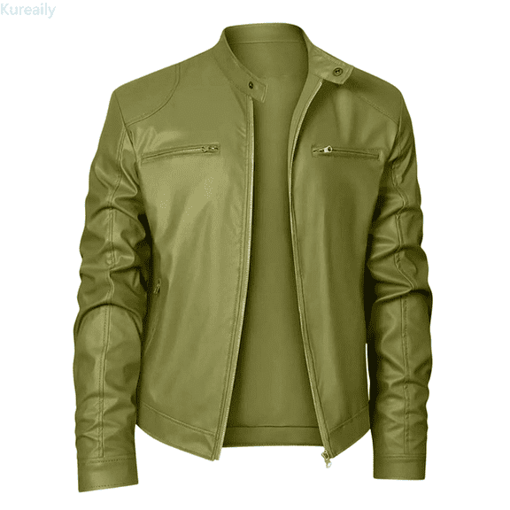 Kureaily Leather Motorcycle Jacket Stand Collar Punk Style Outerwear Coat For Casual Wear And Riding Windproof Jackets for Men