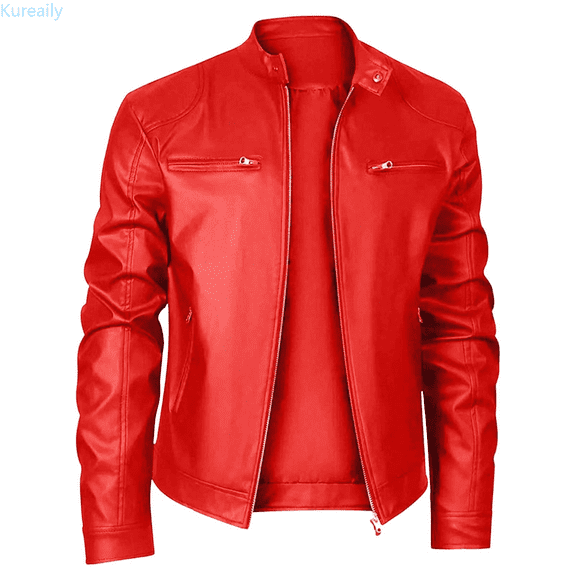 Kureaily Leather Motorcycle Jacket Stand Collar Punk Style Outerwear Coat For Casual Wear And Riding Windproof Warm Coat