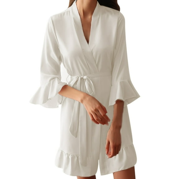 Kureaily Lingerie For Women Autumn Winter Seductive Silk Kimono With Ruffled Sleeves Sleepwear Women's Nightgown