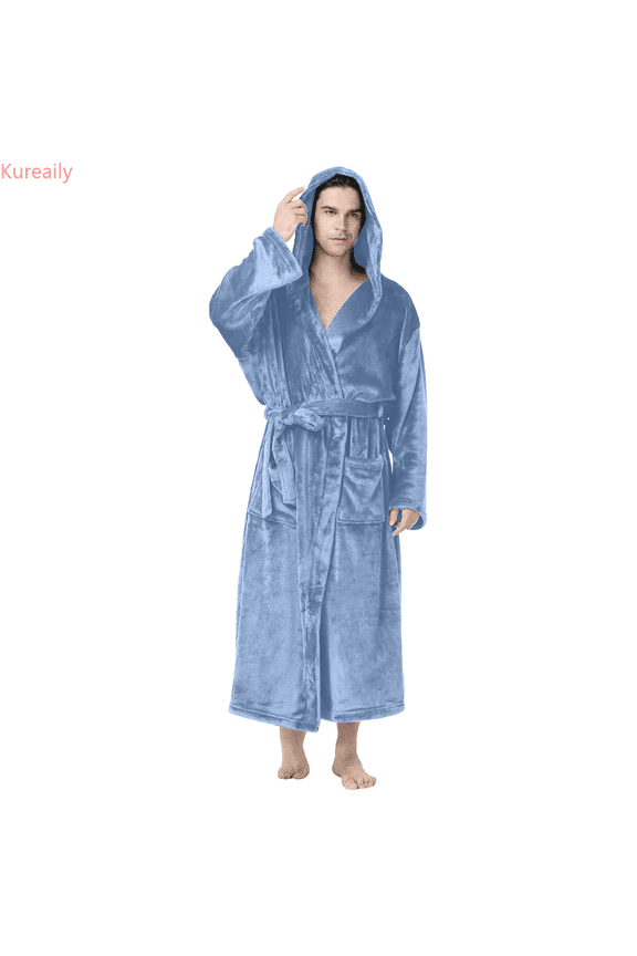 Male Casual Plush Solid Hooded Pocket Leisure Wear Drawstring Long Sleeve Bathrobe Pajamas Mens Pajama Set
