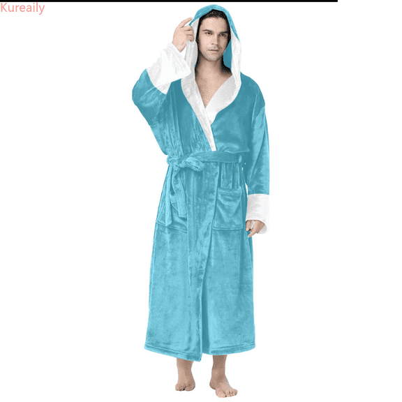 Kureaily Male Casual Solid Patchwork Hooded Leisure Wear Drawstring Three Quarter Sleeve Bathrobe Pajamas T-Shirt Pajama Set
