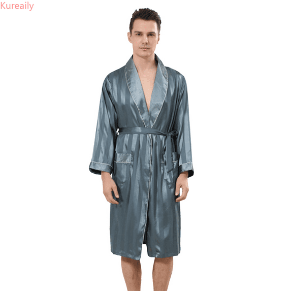 Kureaily Male Robe Satin Bathrobe With Shorts Set Wide Striped Jacquard Pajamas Silky Kimono Robe Mens Pajama Set