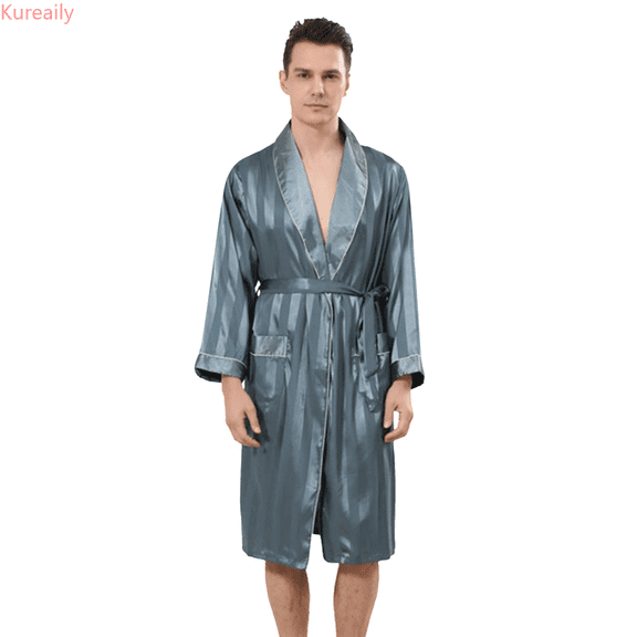 Kureaily Male Robe Satin Bathrobe With Shorts Set Wide Striped Jacquard Pajamas Silky Kimono Robe Sleepwear Lightweight