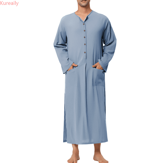 Kureaily Male Solid Color Button Long Sleeve Robe Pajamas Collarless Loungewear Two-Pieces Loungewear
