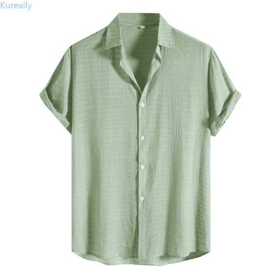 Kureaily Male Solid Color Jacquard Striped Shirt Pure Short Sleeve Lapel Button Down Shirt Short Sleeve Shirts