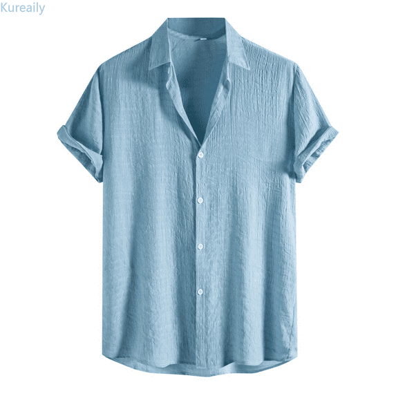 Kureaily Male Solid Color Jacquard Striped Shirt Pure Short Sleeve Lapel Button Down Shirt Summer Beach Shirts