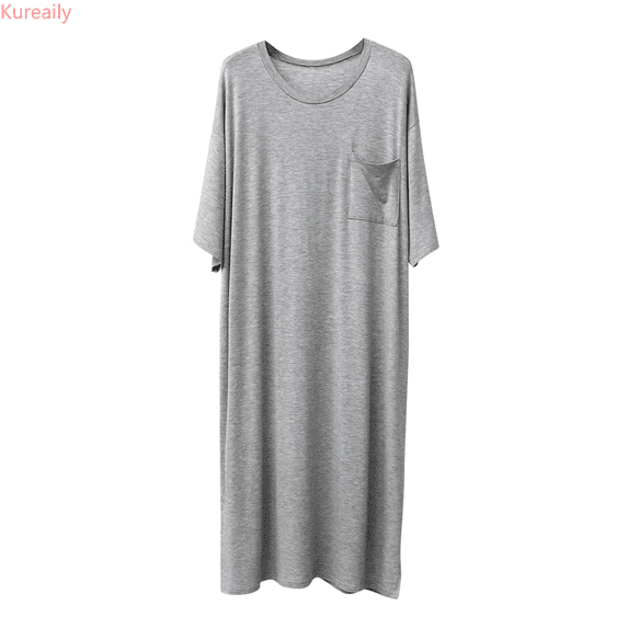 Kureaily Male Solid Color Short Sleeve Round Neck Nightdress Pocket Robe Homewear Mens Sets Loungewea