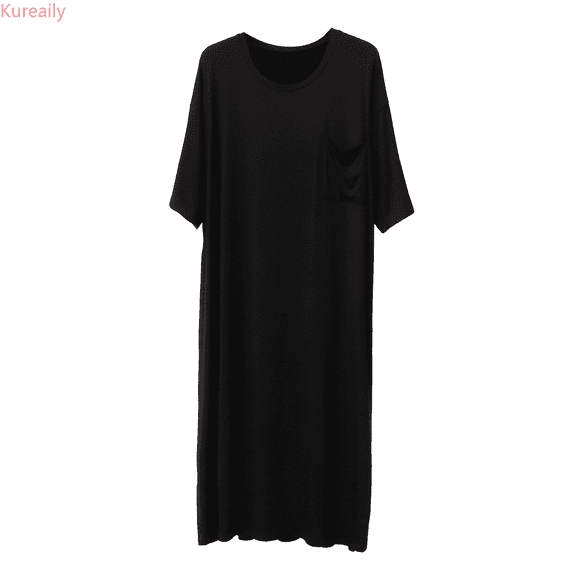 Kureaily Male Solid Color Short Sleeve Round Neck Nightdress Pocket Robe Homewear Soft Lightweight Sleep Sets