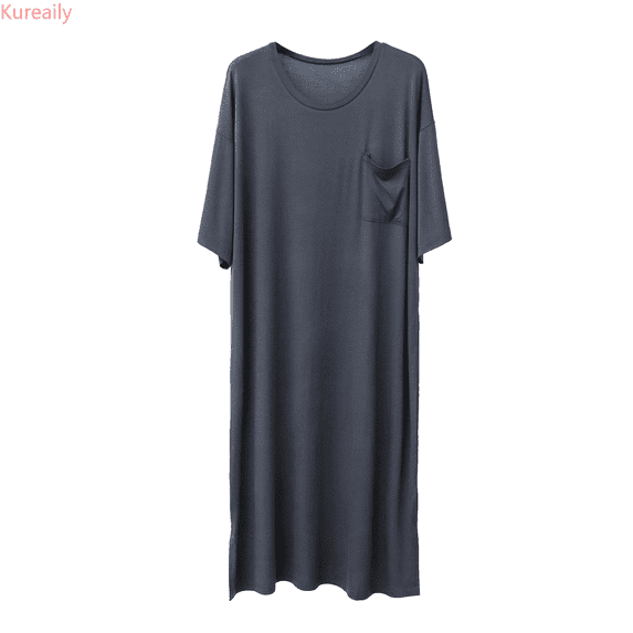 Kureaily Male Solid Color Short Sleeve Round Neck Nightdress Pocket Robe Homewear Summer Pajamas
