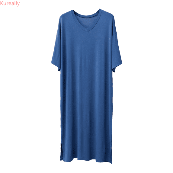 Kureaily Male Solid Color Short Sleeve Round Neck Nightdress Robe Homewear T-Shirt Pajama Set