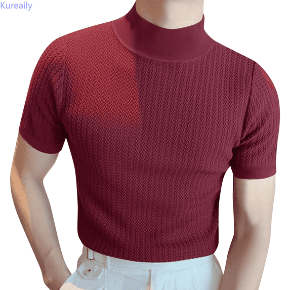 Kureaily Male Spring And Summer Knitted High Neck Short Sleeve Solid Color Pleated Round Casual T Shirt Top Athle tic Tee