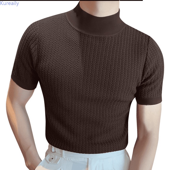 Kureaily Male Spring And Summer Knitted High Neck Short Sleeve Solid Color Pleated Round Neck Casual T Shirt Top Cotton Tee Shirt Top