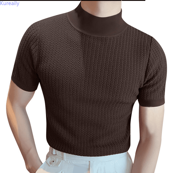 Kureaily Male Spring And Summer Knitted High Neck Short Sleeve Solid Color Pleated Round Neck Casual T Shirt Top Short Sleeve Tee Shirts