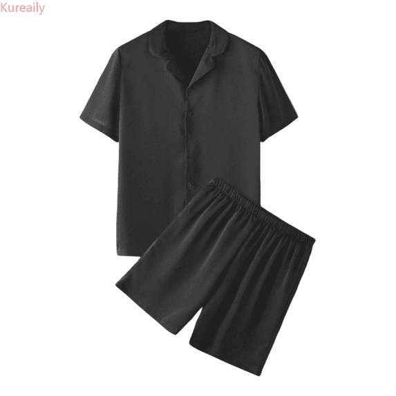 Kureaily Male Spring And Summer Soild Color Satin Imitation Silk Comfortable Shirt Shorts Home Service Suit Short Sleeve Sleepwear