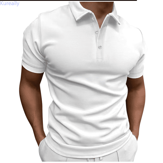 Kureaily Male Summer Casual Striped Fabric T Shirt Button Turn Down Collar Short Sleeve Soild Color Top Closure Polo Shirt